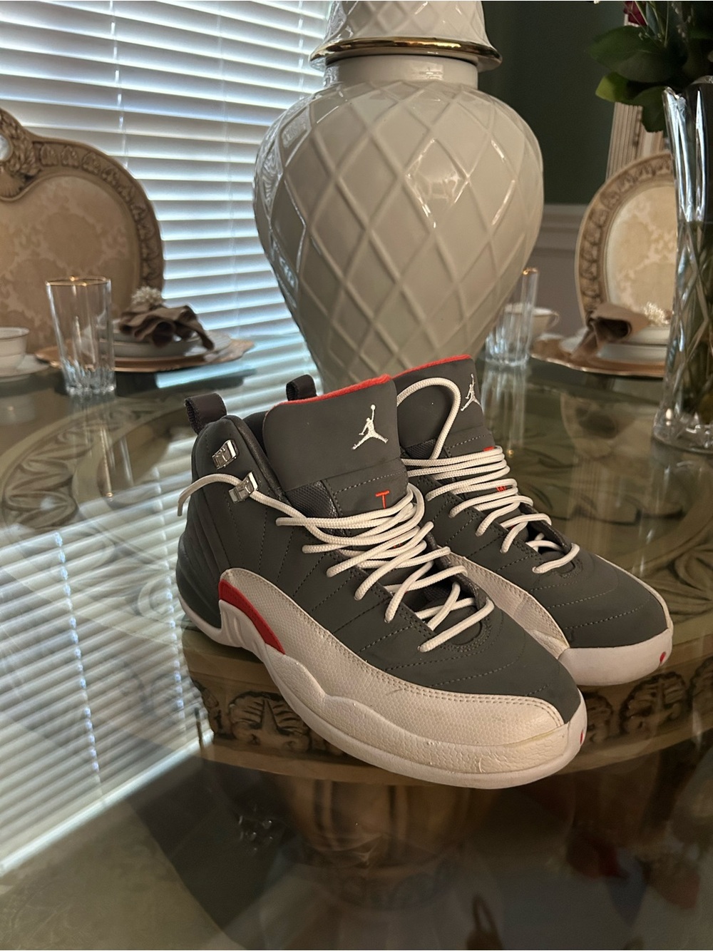 Jordan Gray, White & Red Retro High-Top Sneakers